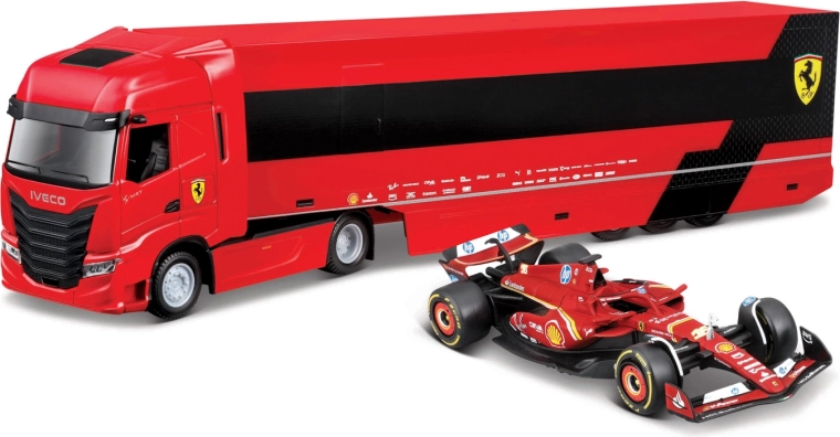 Bburago Ferrari racing lastbil Iveco med trailer og F1 Ferrari SF-24 2024 (Charles Leclerc) 1:43