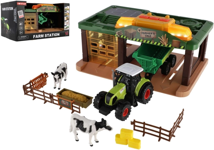 Gård med traktor, garage og tilbehør
