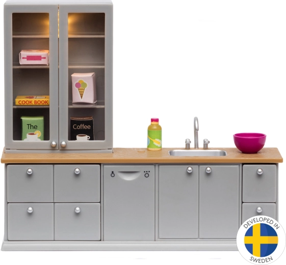 Køkkenmøbler til dukkehus med skænk og LED-belysning Lundby