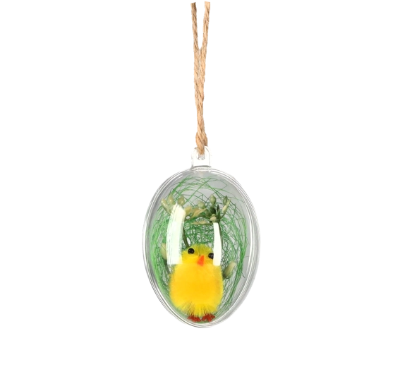 Påskeophæng med kylling i plastkugle 4,5 × 6 cm, sæt med 12 stk.