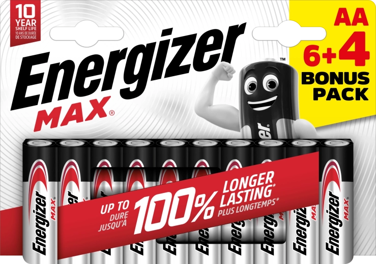 Energizer Max AA alkaliske batterier 10 stk. (6+4)