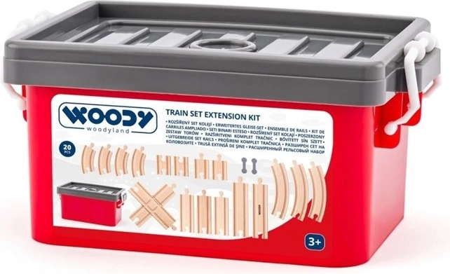 Woodyland sæt med træskinner i plastboks - 20 dele