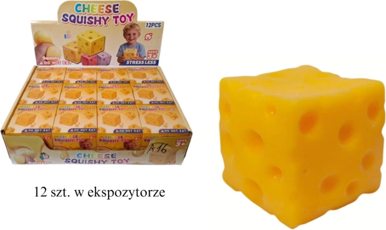 Antistress-klemmebold i ostform (terning 6 × 6 × 6 cm)