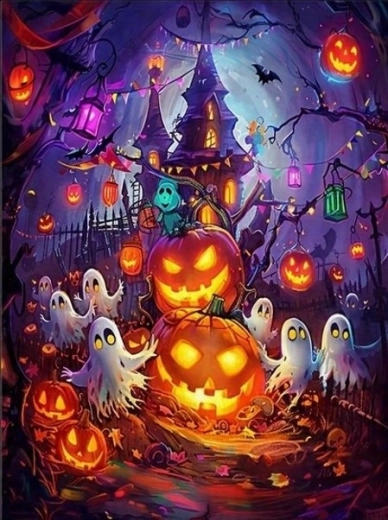 NORIMPEX Mal efter tal Skræmmende hus med halloween-græskar 40 × 50 cm