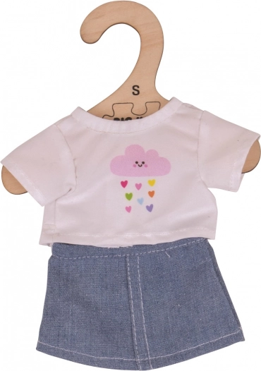 Bigjigs Toys hvid T-shirt med denimnederdel til dukke 28 cm