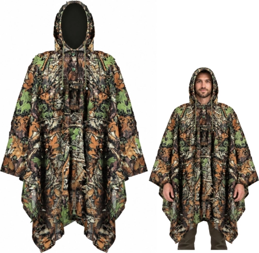 3D-camouflageponcho med hætte, skovcamouflage, 130 × 110 cm