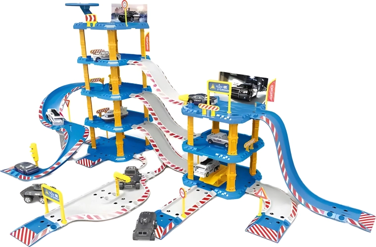 Stor garage politistation, 4 etager, tankstation, 100 dele