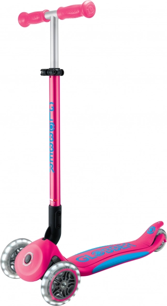 Globber børneløbehjul med tre hjul Plus - Primo Foldable Plus Lights V2 Fuchsia Pink med lysende hjul