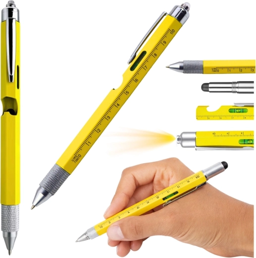 Multifunktionel metalpen 8-i-1 med LED-lygte og vaterpas – gul