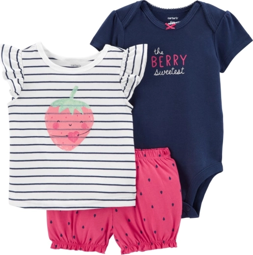 Carter's 3-delt sæt til baby Strawberry Stripes – body, T-shirt og shorts