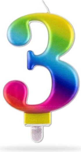 Fødselsdagslys tal 3, regnbue, 7,5 cm