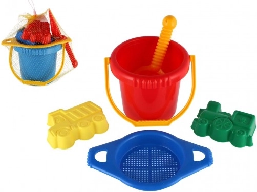 Plastsæt til sand med spand, si, skovl og 2 sandforme