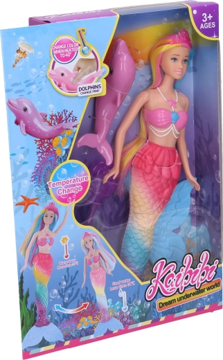 Farveskiftende havfruedukke med delfin, 35 cm