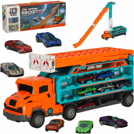 Lastbil – autotransporter med dobbeltsporet racerbane, orange