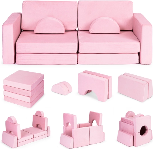 Stor todelt modulær foldesofa til børn DIY med 10 bløde puder - lyserød ECOTOYS
