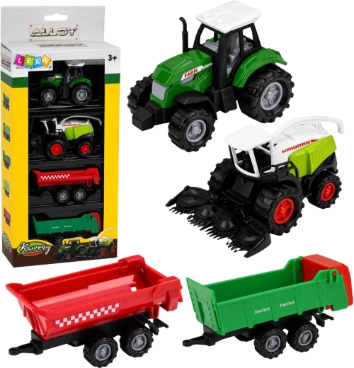 Sæt med landbrugskøretøjer 1:68 – traktor, finsnitter og 2 trailere (4 stk.)