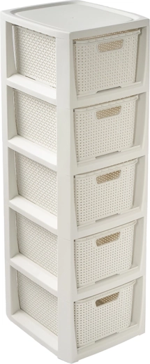 Rattan opbevaringsreol med 5 skuffer, hvid, 80 cm