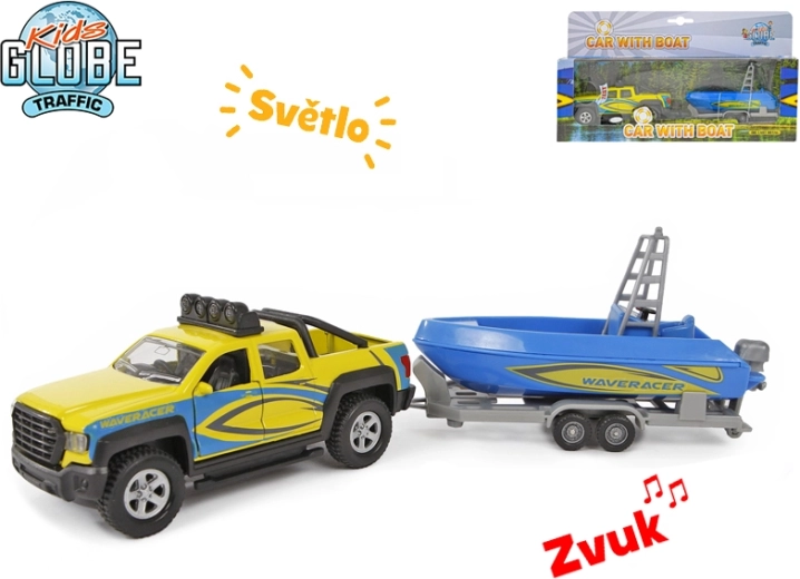 Kids Globe Traffic lastbil med båd 27 cm, metalmodel med lys og lyd
