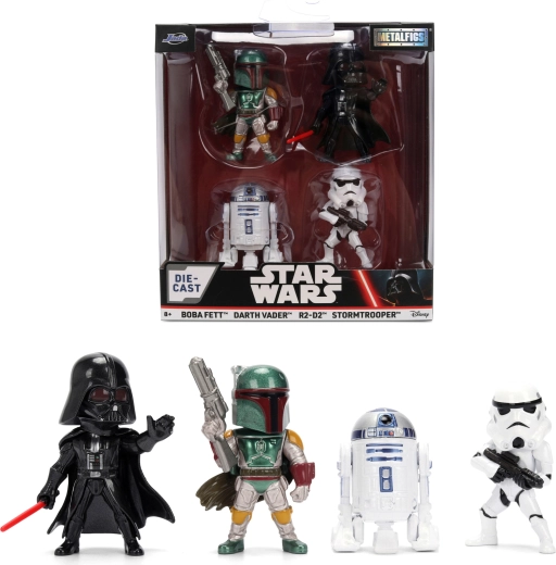 Sæt med 4 STAR WARS Metalfigs – Darth Vader, R2‑D2, Stormtrooper og Boba Fett