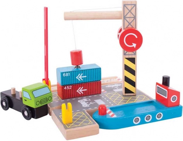 Bigjigs Rail containerterminal med magnetisk kran