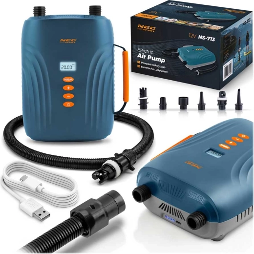 Neo-Sport trådløs elektrisk pumpe til SUP og oppusteligt udstyr med batteri, 20 PSI og 6 adaptere