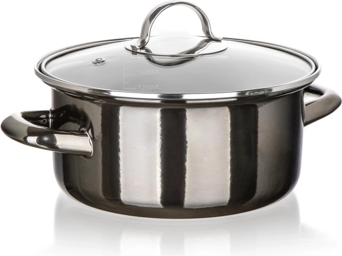 Emaljeret gryde med glaslåg 20 cm, 2 l, Metallic Black