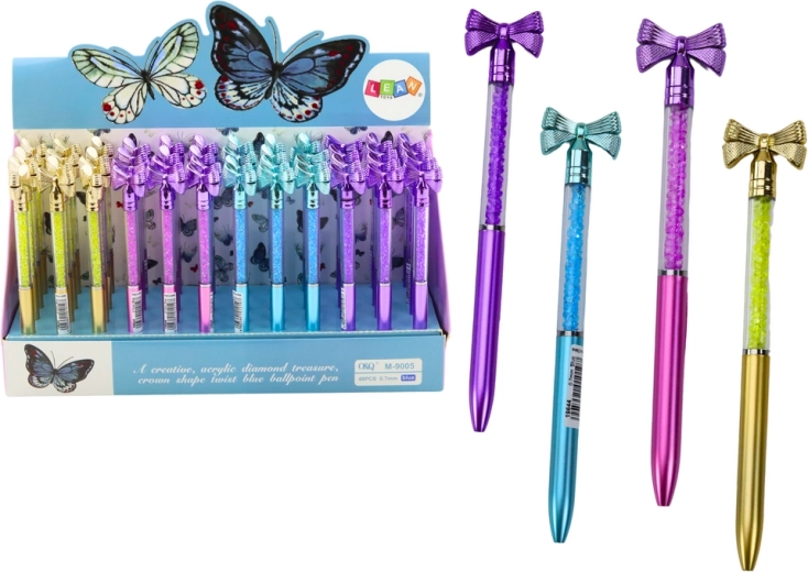 Kuglepen med sløjfe og krystaller, blå refill 0,7 mm