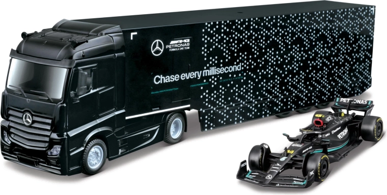 Bburago lastbil med trailer til F1-transport og model Mercedes-AMG Petronas W15 (2024) George Russell 1:43