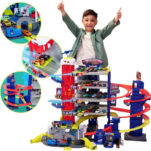 Stor garage Super Chase Center med baner og 4 biler med lys og lyde MAJORETTE