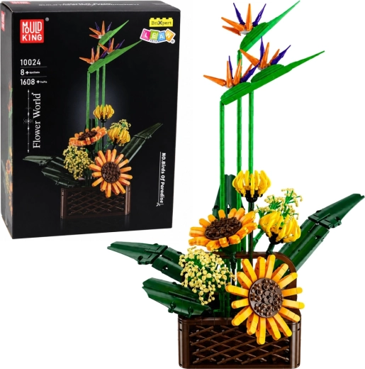 Byggesæt: blomsterkomposition med strelitzia og solsikker i urtepotte, 1608 dele