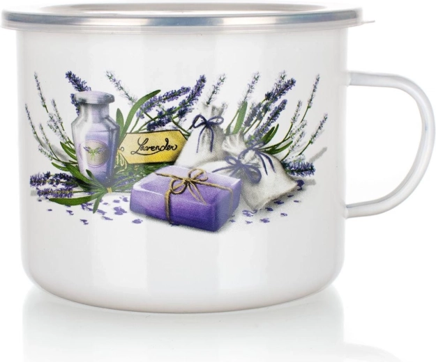 Emaljeret krus Lavender 1,4 l med plastlåg, diameter 14 cm