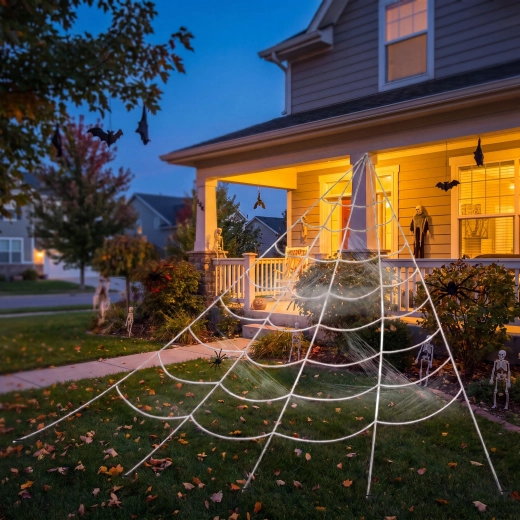 Halloween-edderkoppespind af hvid chenille 5 × 4,8 m med fastgørelsespæle