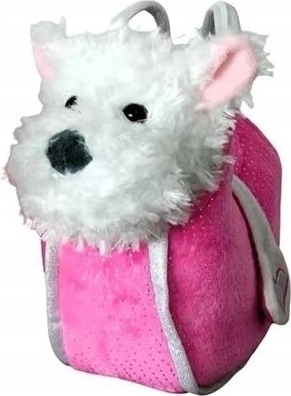Plysset West Highland White Terrier i en lyserød taske