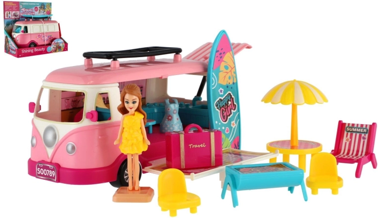 Rosa camper til børn med surfbræt og tilbehør