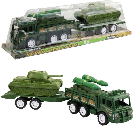 Hærsæt med militærkøretøjer med trailer og tank