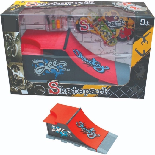 Skatepark-sæt med skrå rampe, rail og fingerboard