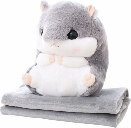 Plyschet hamster 3-i-1 med tæppe og håndvarmer, grå 35 cm