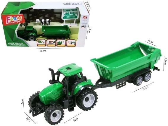 Grøn traktor med trailer og tilbehør