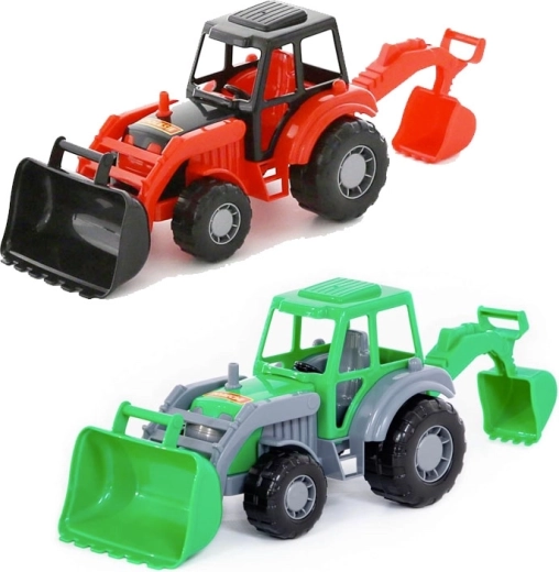Plasttraktor med frontlæsser og bagmonteret gravemaskine