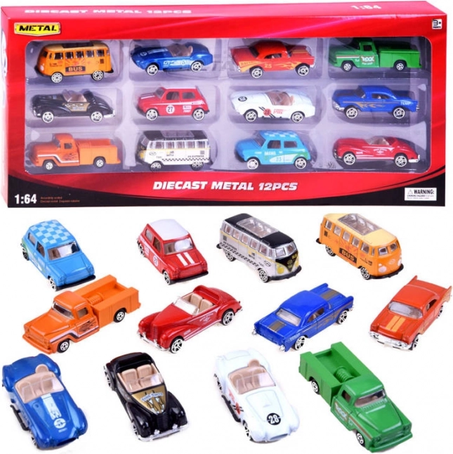 Sæt med retro metalbiler 1:64 (12 stk)