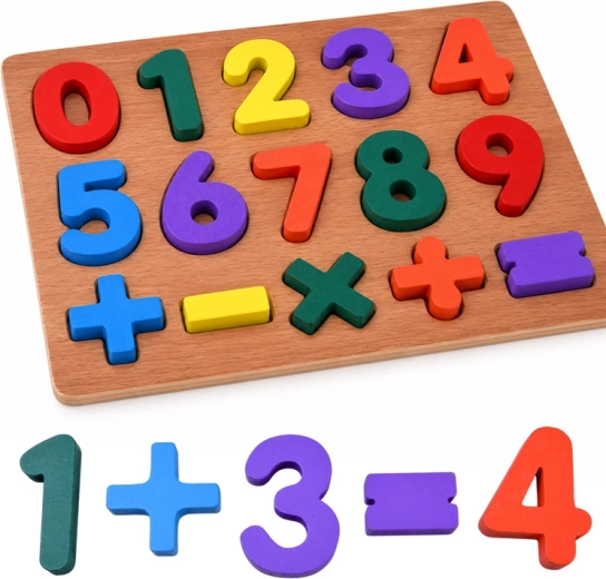 Pædagogisk træpuslespil med tal og matematiske symboler