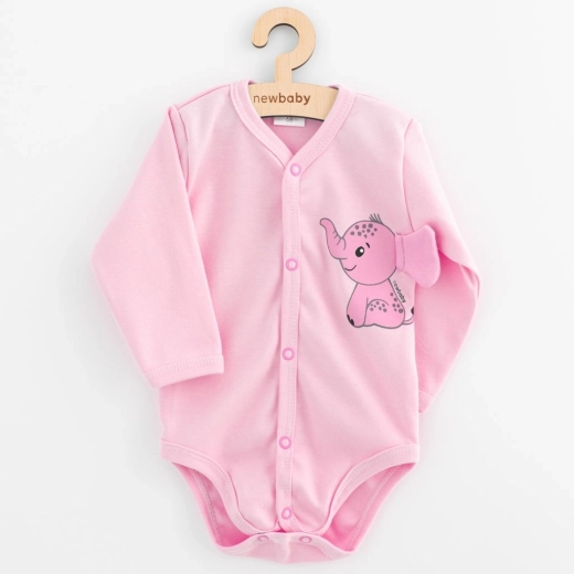 Babybody med gennemgående knaplukning og lange ærmer NEW BABY Happy Elephant, lyserød