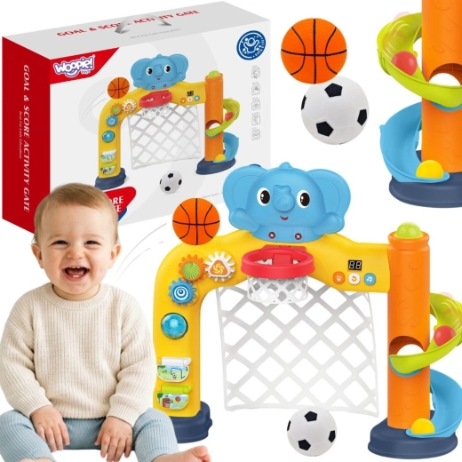Woopie baby interaktivt sportscenter 2-i-1 – fodboldmål og basketballkurv med lille elefant