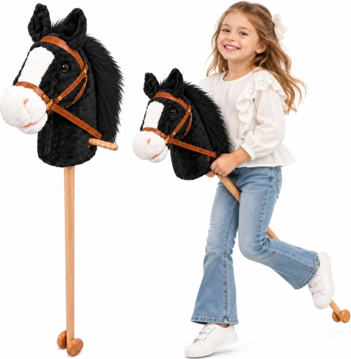 Hobby Horse sort-hvid hest på pind med hjul og galoplyd 100 cm