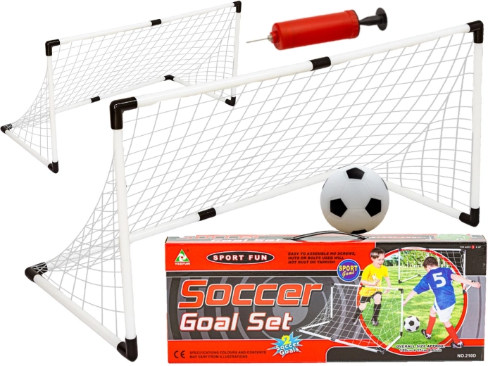 Sæt med fodboldmål med net, bold og pumpe