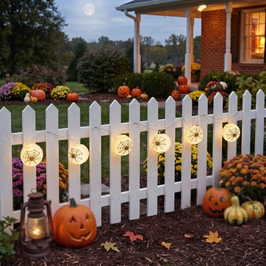 Halloween-lyskæde med spindelvævslampioner