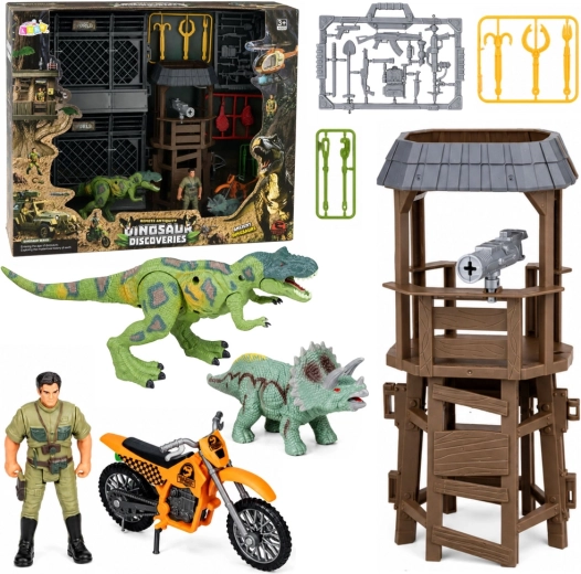 Dinosaurforskningsbase med tårn, bur, figurer og tilbehør