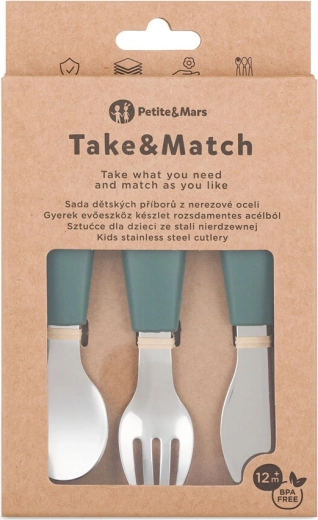 Petite&Mars sæt børnebestik i rustfrit stål Take&Match misty green 12m+