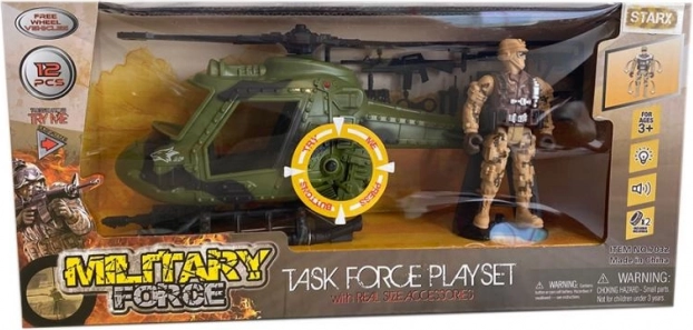 Sæt med militær helikopter og soldaterfigur