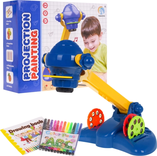 Børneprojektor til tegning 3+ med lyde og lys, 4 skiver, 12 tuscher og blok
